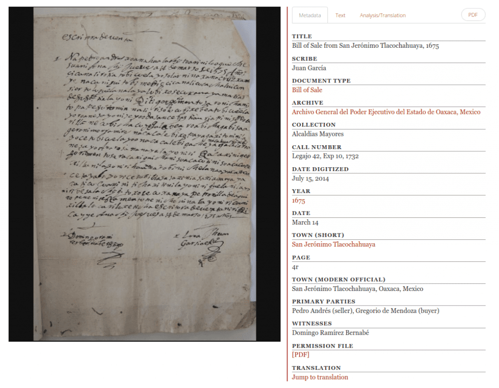 A bill of sale, written in Zapotec in San Jerónimo Tlacochahuaya, 1675, as visible on Ticha (https://ticha.haverford.edu/en/texts/Tl675a/)