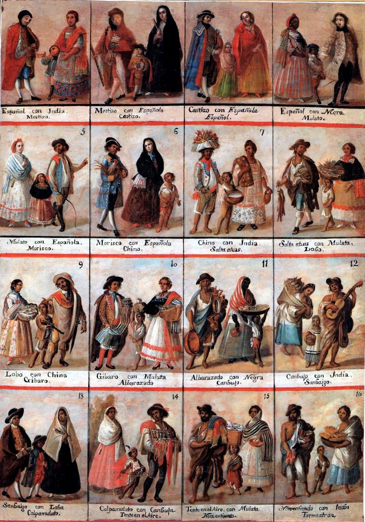Casta painting with 16 categories of racial mixing