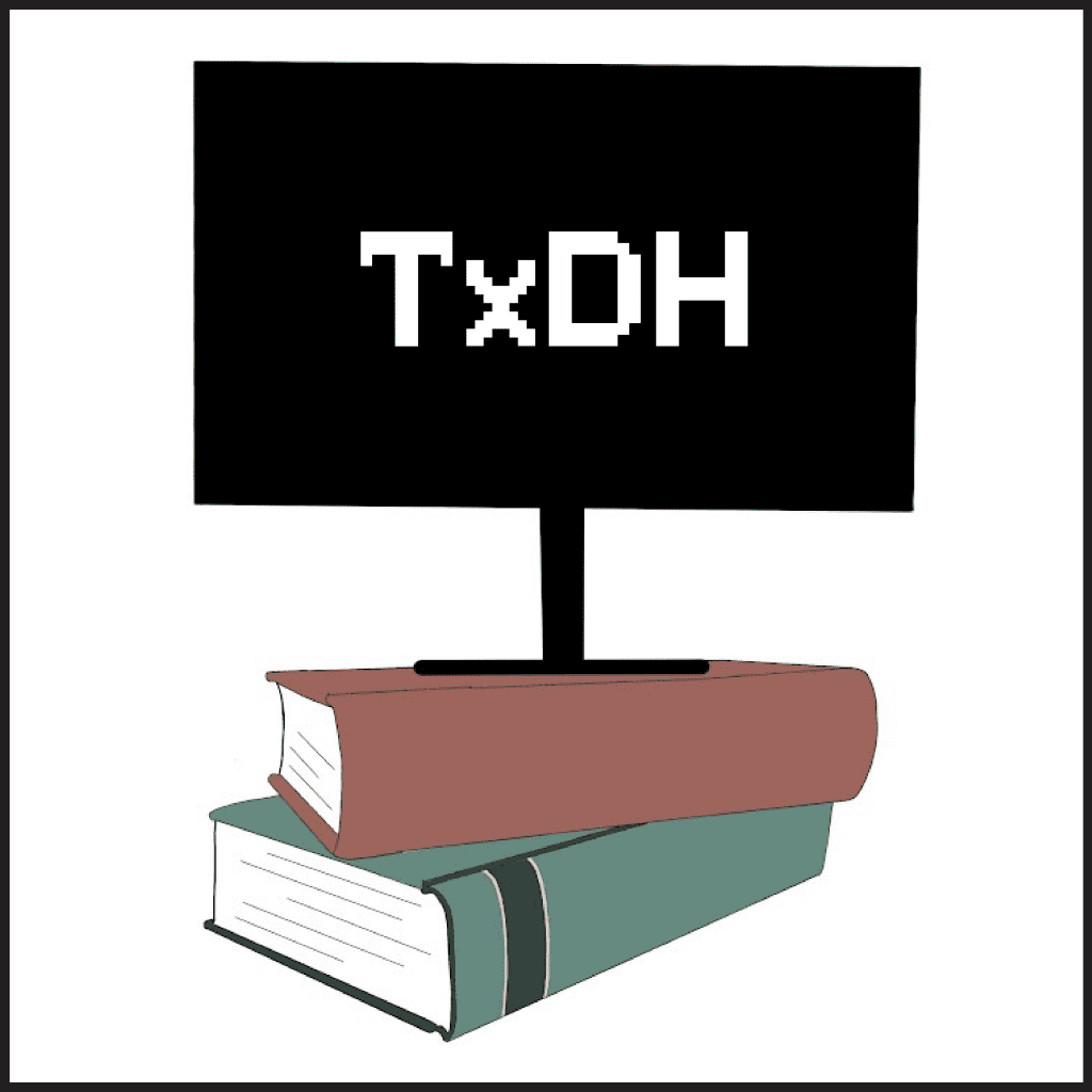 Logo of Texas Digital Humanities (TxDH): A Computer monitor displaying "TxDH" sits on a stack of two books