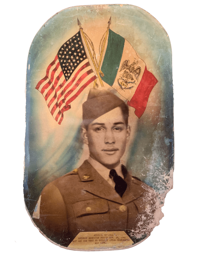 Man in uniform sits for portrait. The U.S. and Mexican flags are painted behind him. Below his portrait, the caption reads: “Aurelio Esparza. Entered American Forces Nov. 18, 1941. May God see that he returns after performing his duty.”