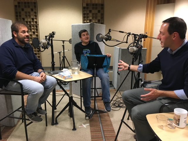 Jeremi and Zachary Suri recording an episode of This Is Democracy with one of their guests