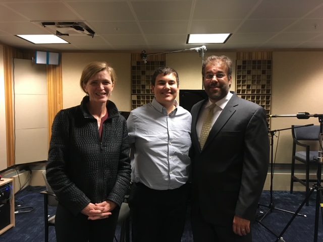 Jeremi and Zachary Suri in their recording studio with former UN ambassador Samantha Power