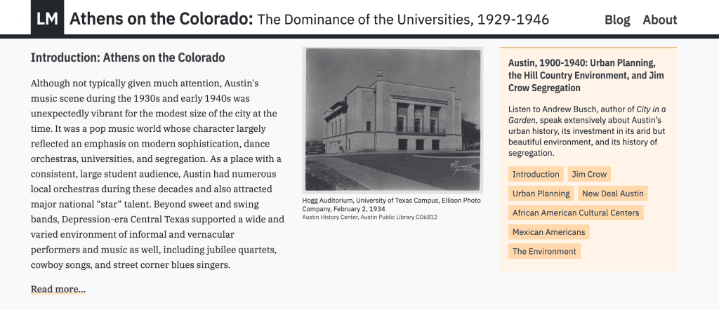 A screenshot from the Local Memory website with text introducing the "Athens on the Colorado" exhibit. A black and white photograph of the University of Texas' Hogg Auditorium, dated 2 February 1934, also appears on the page. On the righthand side of the page, a text window Local Memory patrons to listen to an audio recording of author Andrew Busch discussing urban planning, the Texas Hill Country environment, and Jim Crow segregation.