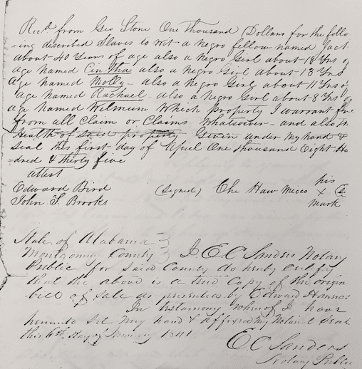 A photograph of the handwritten Bill of Sale for Five Enslaved Persons. See the author's transcription for the text.