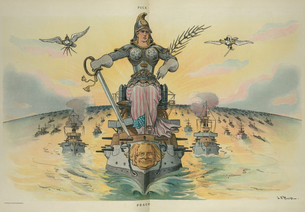 A cartoon depicting an enormous fleet of American battleships escorting a larger-than-life female figure in armor, who carries both a sword and an olive branch. "Peace," reads the cartoon's caption. The lead battleship has its prow decorated with an image of Theodore Roosevelt. 