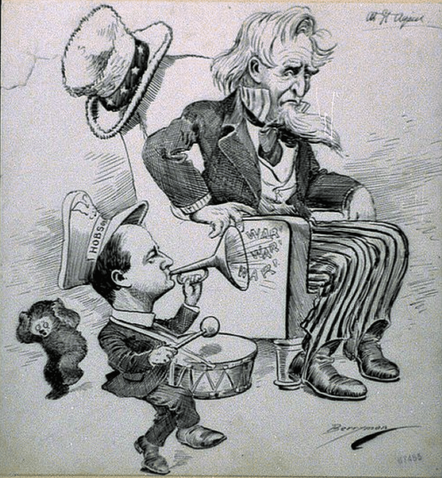 A cartoon by in which Hobson appears as a diminutive figure in an enormous military cap, beating a drum and bellowing "War! War! War!" through a bugle. Uncle Sam, seated in a chair, looks on with concern. A small bear--the signature creation of cartoonist Clifford Berryman--appears dismayed and covers its ears at left.