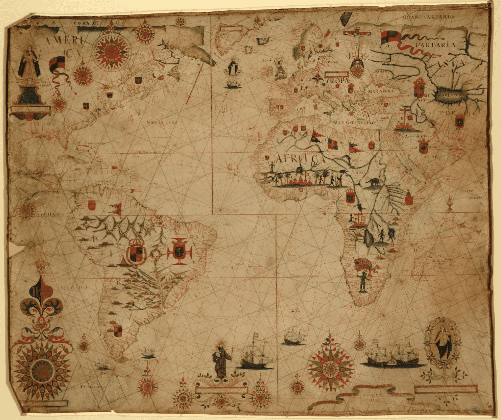 A seventeenth-century map centered on the Atlantic Ocean. The Americas (excluding North America's west coast), Africa, Europe, and the western half of Asia are also depicted. Small illustrations of ships appear on the map's oceans, while its continents are decorated with rivers, natural features, and human figures.