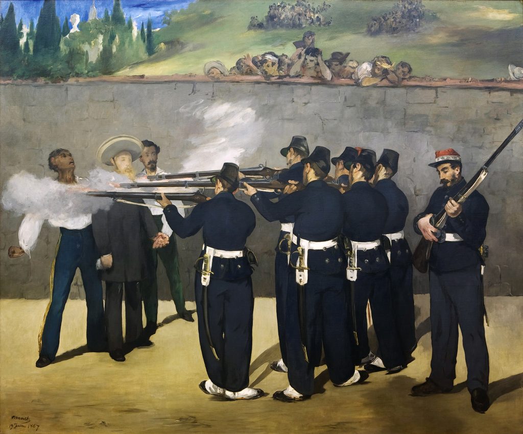 A firing squad of six unfirmed soldiers discharges its weapons at three men standing at very close range in this famous painting by Édouard Manet. One of the three men--dressed in black, wearing a wide-brimmed hat, and sporting a long beard--is Maximilian Habsburg, the deposed Emperor of Mexico. A crowd of onlookers watches the execution from behind a stone wall, while a seventh soldier adjusts his weapon at right.