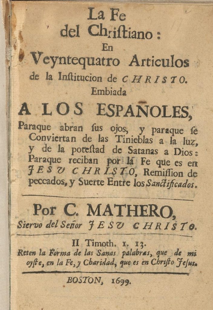 The frontispiece of Mather's Spanish-language catechism La Fe del Christiano