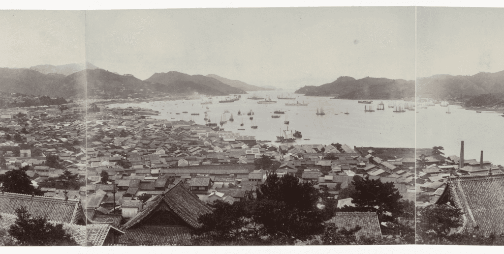 A panoramic photograph of the treaty port of Nagasaki. 