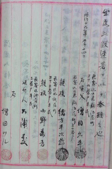 Ōura Kei’s seal on the marriage petition for Masuda Tsuru. 