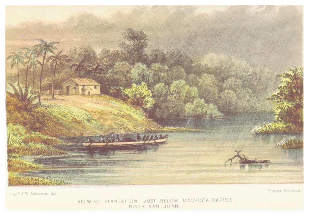 A drawing depicting a plantation on the San Juan River in Nicaragua. 