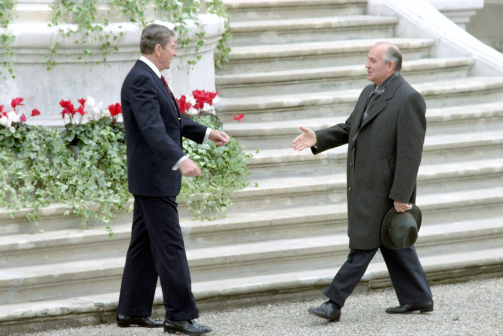 Reagan greets Gorbachev at the first session of the Geneva summit in November 1985. 