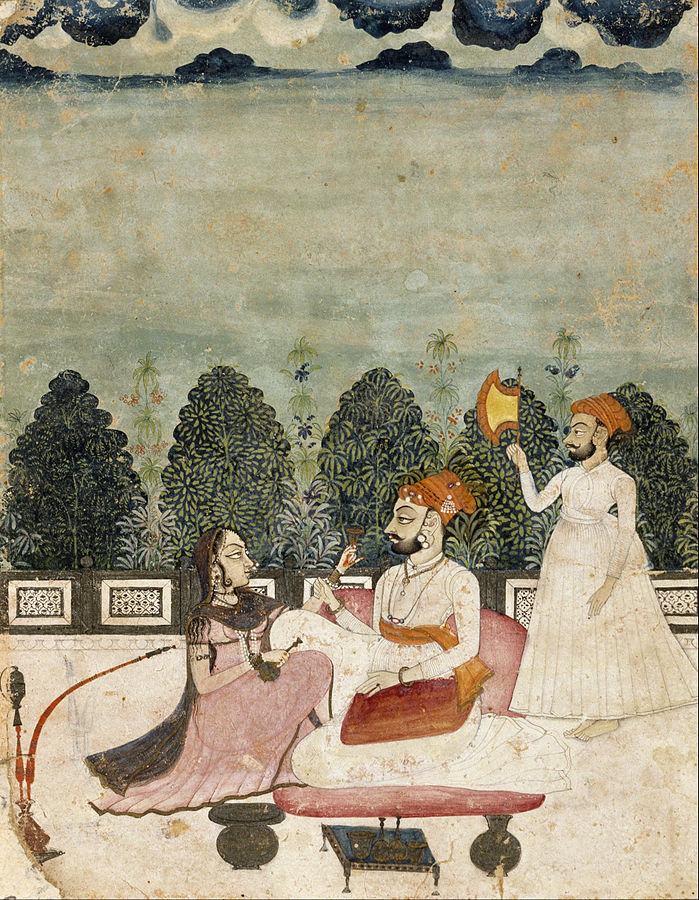 An 18th-century illustration portraying two men and a woman on a terrace. 