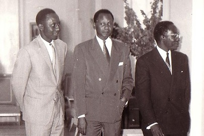 Valdiodio Ndiaye (Interior Minister), Mamadou Dia (Prime Minister), and Léopold Sédar Senghor (President) at a reception at the palace of the Republic of Senegal, November 1960.