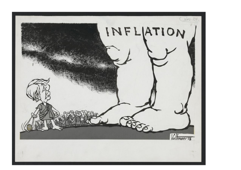 Editorial cartoon drawing showing President Jimmy Carter as the biblical David confronting Goliath labeled "Inflation." By Edmund S. Valtman, 1978. 