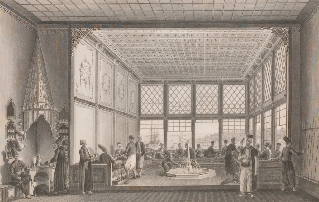 A depiction of a late eighteenth-century Ottoman coffeehouse in Istanbul.