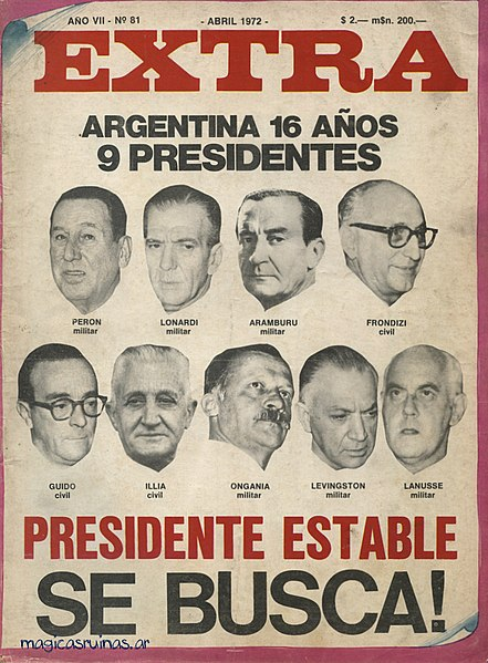 The cover of Extra magazine from April 1972 depicts Argentina's former nine presidents. The title reads: "Wanted: a Stable President."