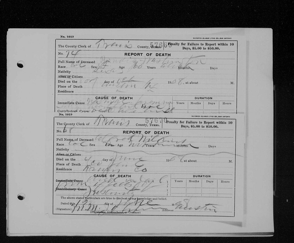 Picture of original document - Bondy Washington's Death Certificate