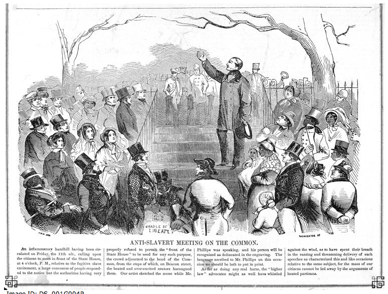 Depiction of the Anti-Slavery Meeting on the Boston Common held in 1851. People are gathered under a tree, there is text on the meeting on the lower end of the picture.