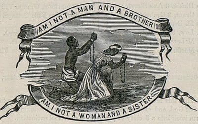 Lithography of two enslaved people that reads: Am I not a man and a brother? Am I not a woman and a sister?