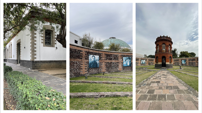 Three images of Lecumberri grounds: one building, dome from outside, a tower. 