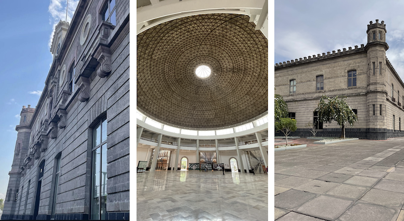 Three pictures of Lecumberri palace: outside structure, internal dome, outside building