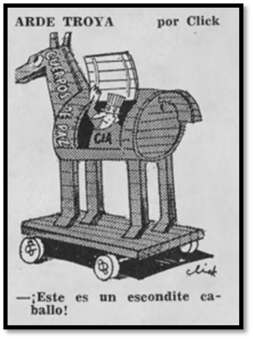 Trojan horse depiction, CIA inside the wooden structure. Drawing