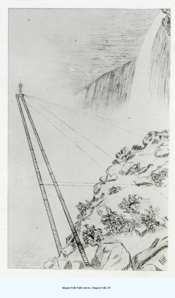 Drawing of 97-foot-ladder-like platform with Sam Patch on top. At the base, Goat Island.