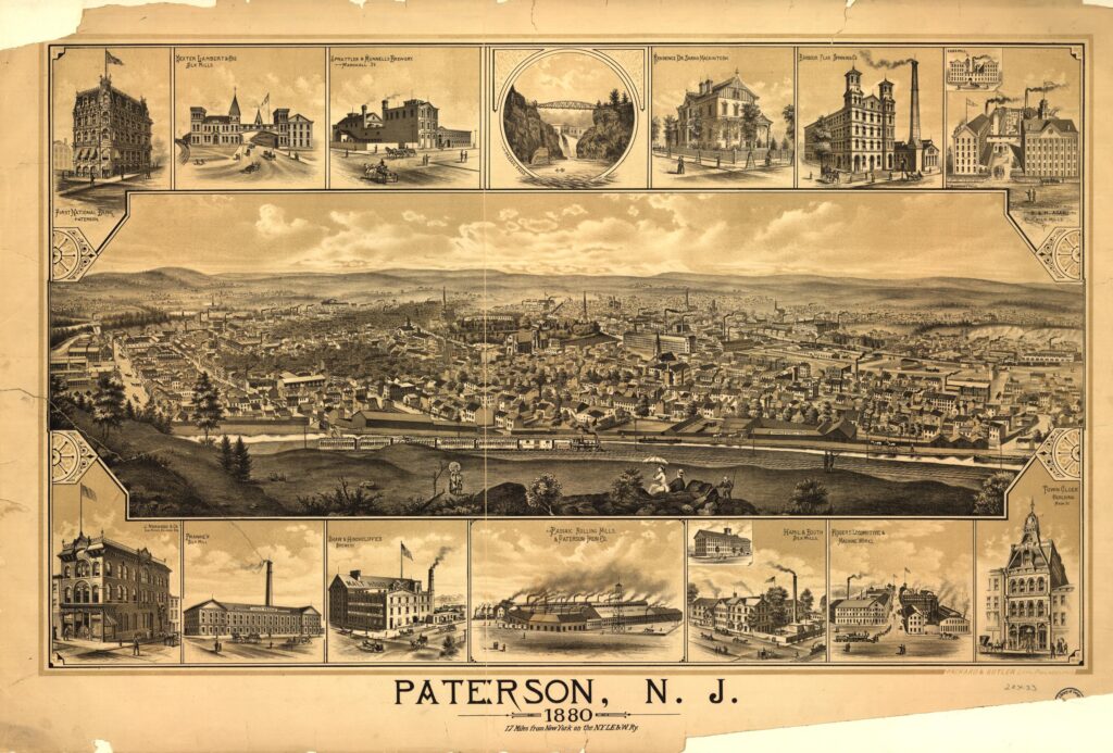 A lithograph of Paterson, New Jersey. In the middle there is a landscape depiction of the port, and it is surrounded my small square landmarks of the city.