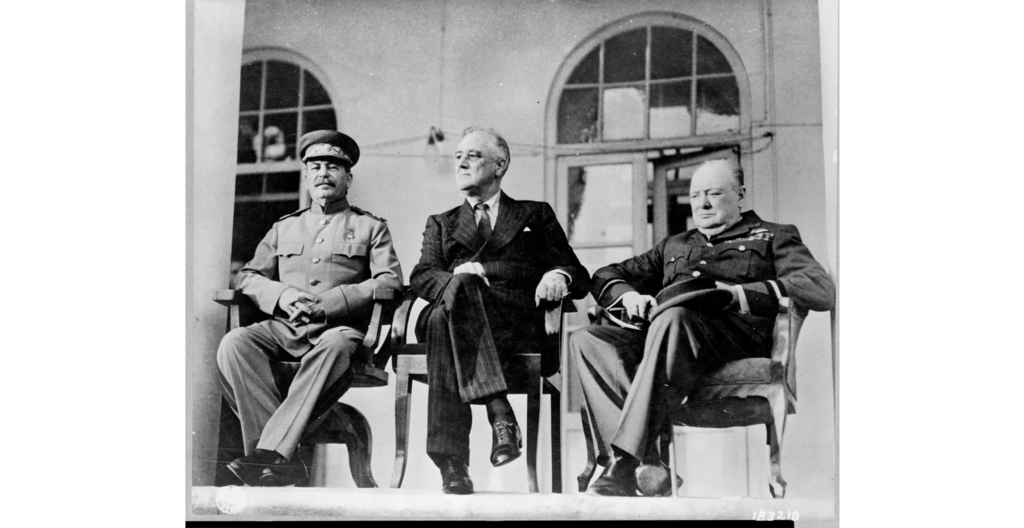 Roosevelt, Stalin, and Churchill on portico of Russian Embassy in Teheran