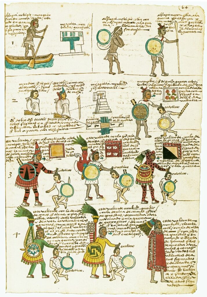 Picture of Codex Mendoza folio 64r. The top two lines of the page on display here depict the training of a priest (which involved public works such as the repair of temples and bridges). The remaining images feature warriors, and illustrate the importance of war captives in the acquisition of social rank. 