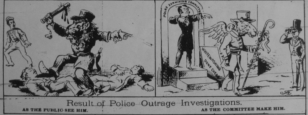 Illustration in "The Mascot" newspaper, New Orleans, 1889. "Results of Police Outrage Investigations." 