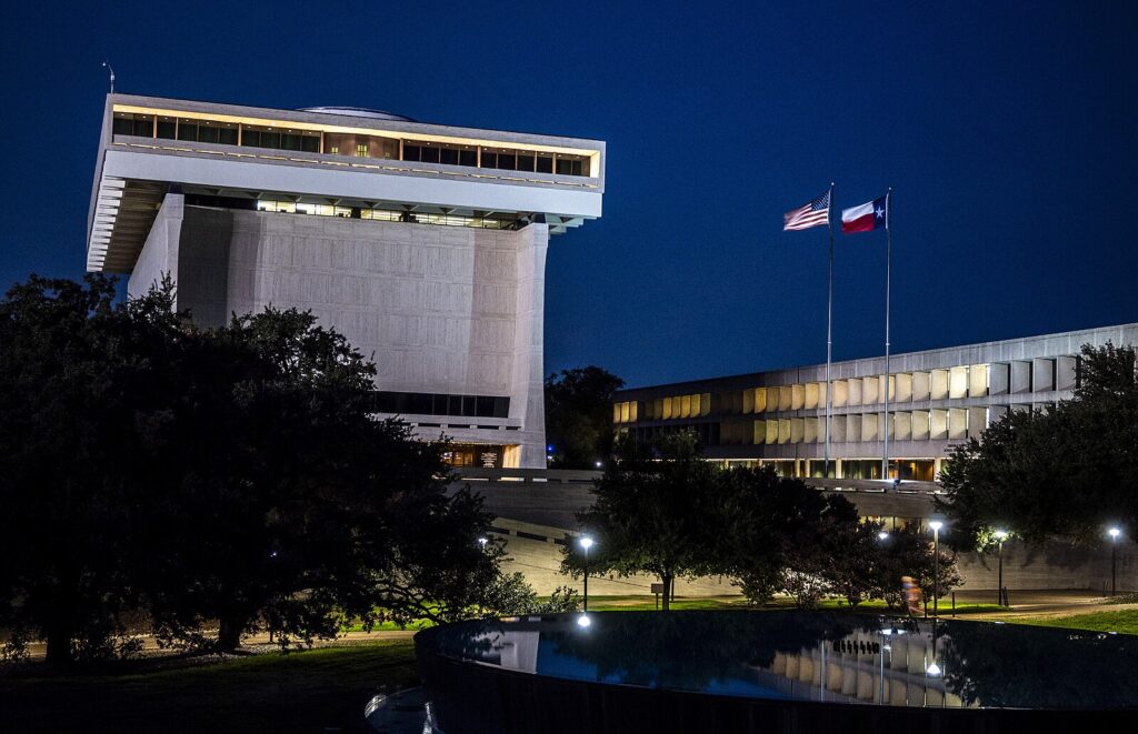 The LBJ Presidential Library and LBJ School of Public Affairs buildings at night.
photo by Jay Godwin 08/21/2023. 