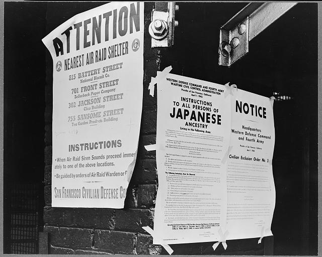 Civilian exclusion order #5, posted at First and Front streets, directing removal by April 7 1942 of persons of Japanese ancestry, from the first San Francisco section to be affected by evacuation