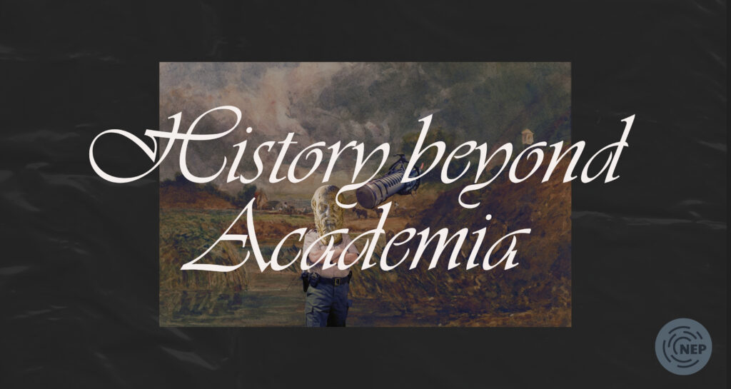 Banner for history beyond academia.
Features a collage image with a sculpture of Herodotus head on a National Park ranger body, with a microphone beside it and a painted field in the background.