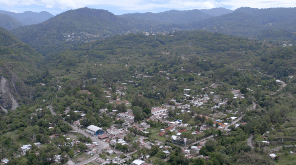 An aerial view of Guelatao de Juarez, Oaxaca and its surroundings