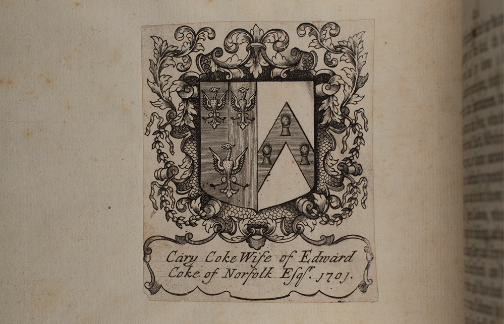 Bookplate of Cary Coke from Mary Pix, Queen Catharine; or, the Ruines of Love