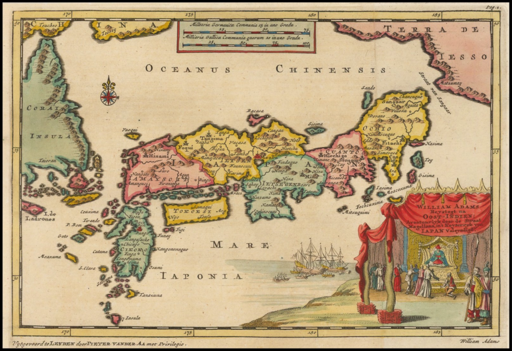 Map of Japan with William Adams who visits the Shogun in 1707. In the top right is Hokkaido (Terra de Iesso) In the top left side is a part of the Korean peninsula. The bottom right is a cartouche representing the audience of William Adams with the Shogun (Tokugawa Ieyasu). The bottom right text says: "William Adams Reystogt na Oost-Indien; Avontuurlyle door de Straat Magellaan in't Keyzerryk van Iapan Voleyndigd." Translation = "William Adams travels to East India; adventurous through the straight of Magellan in the Empire of Japan completed."