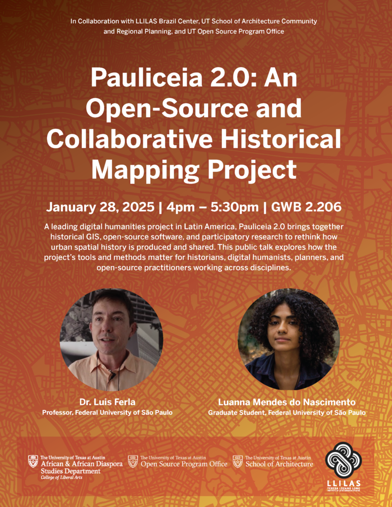 Banner/invitation to attend "Pauliceia 2.0", a talk by Dr. Luis Ferla and Luanna Mendes do Nascimento