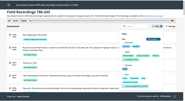 AVAnnotate page from “Zora Neale Hurston’s WPA field recordings in Jacksonville, FL (1939)”
