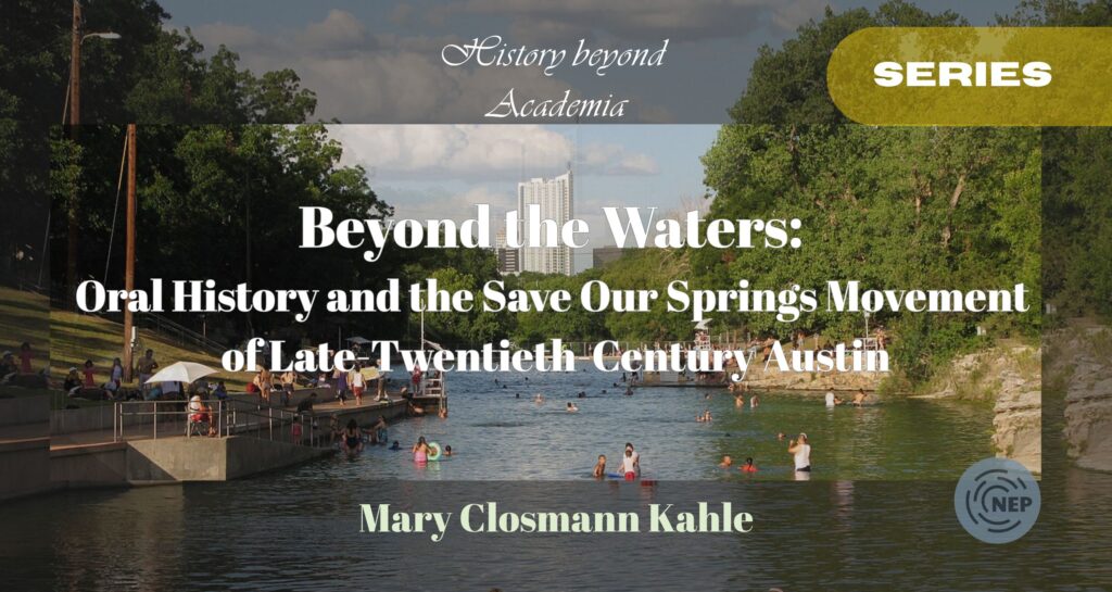 Beyond the Waters banner with Barton Springs as a background