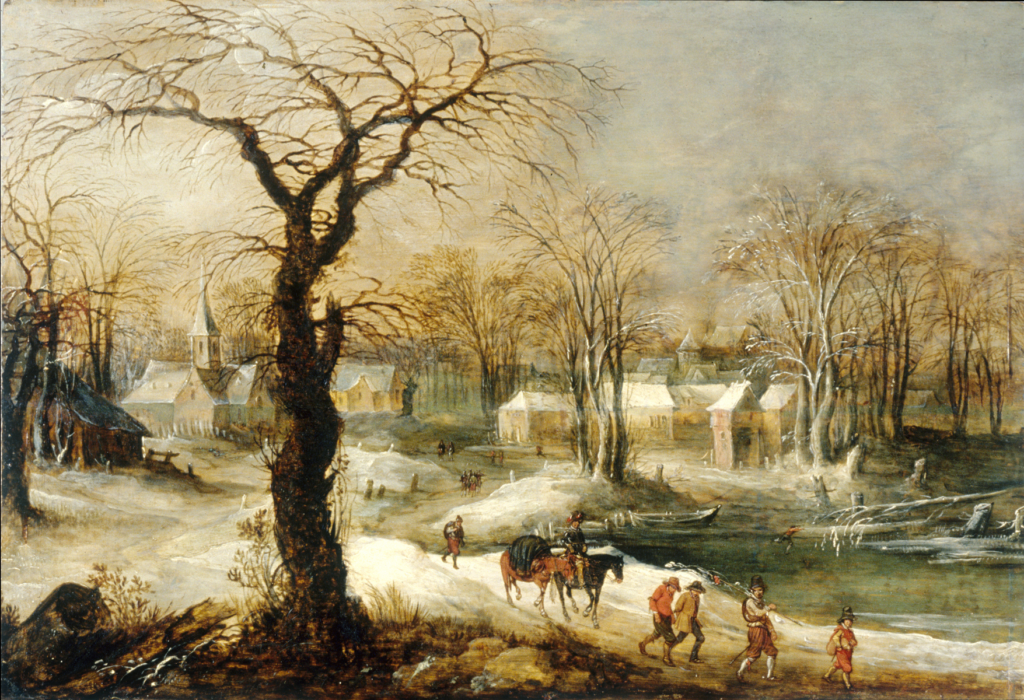 Oil painting. The cycle of the seasons fascinated 17th-century Europeans, but the shifts in the tilt of the earth that causes them were not understood. Winter was especially hard then; Europe was in the middle of a little ice age and it was much colder than today. The Southern Netherlands was also in the midst of a war, and ill-paid soldiers terrorized the peasants. Here, the landscapist de Momper uses subdued color and tonal unity to suggest the bleakness of a late winter afternoon, complemented by an intricate, stark pattern of barren branches against the sky.