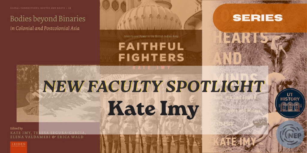 Banner of New Faculty Spotlight: Kate Imy, featuring her books on the background.