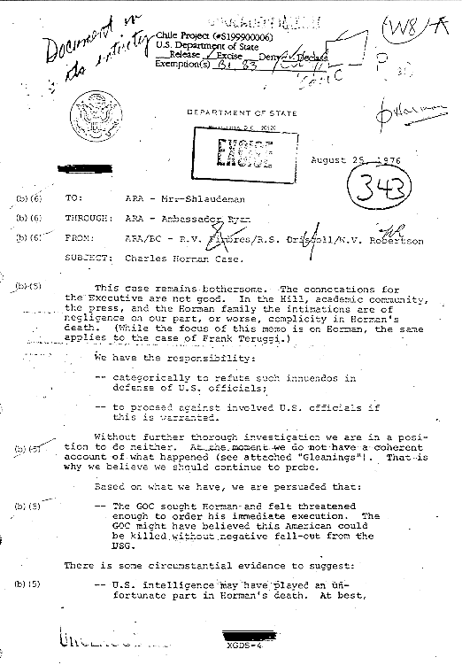 CIA declassified documents about Charles Horman "Missing" Case, Santiago, Chile, 1976.