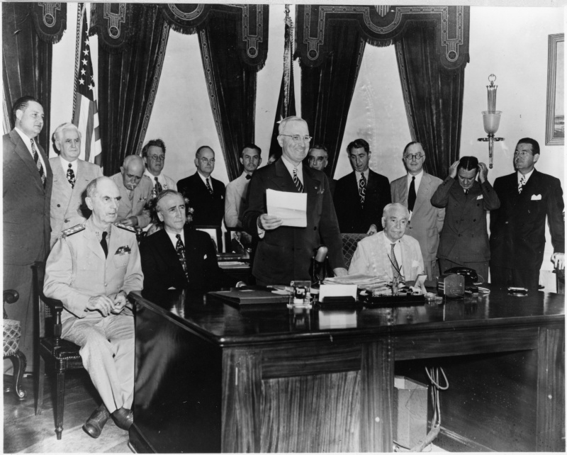President Harry S. Truman announces Japan’s surrender, August 14, 1945. Source: Harry S. Truman Library & Museum