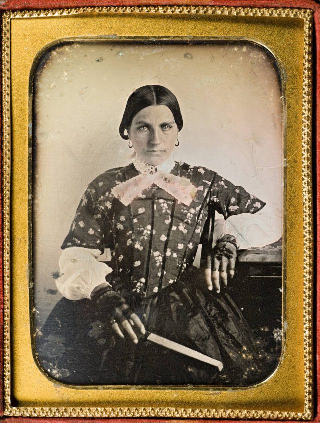 Daguerreotype of Marinda Atkins (1809-1878), wife of Sebron Sneed, ca. 1849-1850 in an ornate gold frame