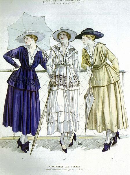 Drawing of three women in ankle length dresses with hats.