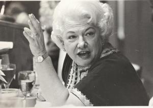 Black and white image of Mary Elizabeth Sutherland Carpenter gesturing with her left hand